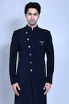 Buy_Aryavir Malhotra_Blue Lycra Hand Embroidered Collar Plain Sherwani With Pant _Online_at_Aza_Fashions