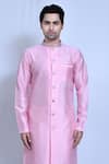 Shop_Aryavir Malhotra_Pink Art Silk Bloom Woven Band Collar Kurta With Pant _Online_at_Aza_Fashions