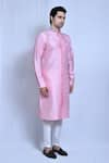 Aryavir Malhotra_Pink Art Silk Bloom Woven Band Collar Kurta With Pant _at_Aza_Fashions