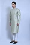 Aryavir Malhotra_Green Gicha Silk Solid Band Collar Kurta With Pant _at_Aza_Fashions