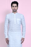 Shop_Aryavir Malhotra_White Kurta Cotton Embroidery Thread Set _Online_at_Aza_Fashions