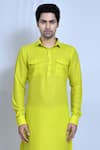 Shop_Aryavir Malhotra_Yellow Cotton Linen Plain Straight Kurta And Pathani Pant Set _Online_at_Aza_Fashions