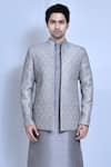 Aryavir Malhotra_Grey Kurta And Pant Art Silk Woven Diamond Prince Coat & Set _Online_at_Aza_Fashions