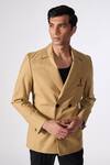 Shop_S&N by Shantnu Nikhil_Beige Terylene Embroidered Logo Placed Double Breasted Blazer Jacket_Online_at_Aza_Fashions