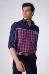 Shop_S&N by Shantnu Nikhil_Blue Terylene Embroidered Logo Placed Checkered Shirt _Online_at_Aza_Fashions