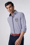 Shop_S&N by Shantnu Nikhil_Blue Terylene Embroidered Striped Patch Logo Shirt _Online_at_Aza_Fashions