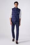 Buy_S&N by Shantnu Nikhil_Blue Cotton Print Chequered Waistcoat_at_Aza_Fashions