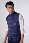 Shop_S&N by Shantnu Nikhil_Blue Cotton Print Chequered Waistcoat_Online_at_Aza_Fashions