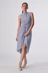 Buy_S&N by Shantnu Nikhil_Blue Poly Blend Print Stripe Round Collar Asymmetric Hem Dress_at_Aza_Fashions