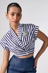 Buy_S&N by Shantnu Nikhil_Blue Cotton Print Stripe V Neck Cropped Top_at_Aza_Fashions
