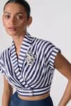 Shop_S&N by Shantnu Nikhil_Blue Cotton Print Stripe V Neck Cropped Top_Online_at_Aza_Fashions