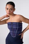 Buy_S&N by Shantnu Nikhil_Blue Cotton Print Chequered Strapless Structured Corset Top_at_Aza_Fashions
