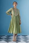 Buy_Chokhi Chorri_Green Silk, Chanderi Pearls Split V-neck Alena Pintucked Yoke Dress With Inner _at_Aza_Fashions
