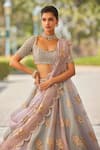 Buy_Vvani by Vani Vats_Grey Lehenga And Dupatta Organza Hand Embroidered Floral Applique Set  _Online_at_Aza_Fashions