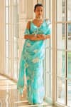 Buy_Vvani by Vani Vats_Blue Saree Organza Hand Embroidered Floral Scallop Hem With Blouse _at_Aza_Fashions