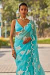 Vvani by Vani Vats_Blue Saree Organza Hand Embroidered Floral Scallop Hem With Blouse _Online_at_Aza_Fashions