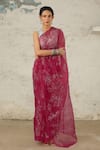 SAKSHAM & NEHARICKA_Pink Organza Hand Peony Work Saree With Unstitched Blouse Piece  _Online_at_Aza_Fashions