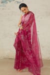 Shop_SAKSHAM & NEHARICKA_Pink Organza Hand Peony Work Saree With Unstitched Blouse Piece  _Online_at_Aza_Fashions