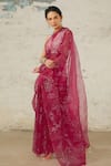 SAKSHAM & NEHARICKA_Pink Organza Hand Peony Work Saree With Unstitched Blouse Piece  _at_Aza_Fashions