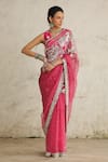 Buy_SAKSHAM & NEHARICKA_Pink Saree Organza Hand Embroidered Distressed Cosmos With Blouse _at_Aza_Fashions