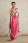 SAKSHAM & NEHARICKA_Pink Saree Organza Hand Embroidered Distressed Cosmos With Blouse _at_Aza_Fashions