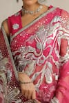 Buy_SAKSHAM & NEHARICKA_Pink Saree Organza Hand Embroidered Distressed Cosmos With Blouse 