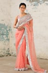 Buy_SAKSHAM & NEHARICKA_Coral Organza Hand Embroidered Applique Saree With Unstitched Blouse Piece _at_Aza_Fashions