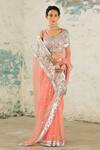 Shop_SAKSHAM & NEHARICKA_Coral Organza Hand Applique Saree With Unstitched Blouse Piece  _Online_at_Aza_Fashions