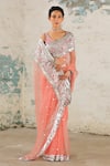 SAKSHAM & NEHARICKA_Coral Organza Hand Embroidered Applique Saree With Unstitched Blouse Piece _at_Aza_Fashions