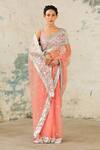 Buy_SAKSHAM & NEHARICKA_Coral Organza Hand Embroidered Applique Saree With Unstitched Blouse Piece 