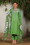 Buy_SAKSHAM & NEHARICKA_Green Chanderi Hand Embroidered Floral V Neck Aamaal Kurta Pant Set _at_Aza_Fashions