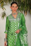 SAKSHAM & NEHARICKA_Green Chanderi Hand Embroidered Floral V Neck Aamaal Kurta Pant Set  _at_Aza_Fashions