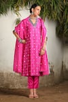 Buy_SAKSHAM & NEHARICKA_Pink Chanderi Hand Embroidered Floral V Neck Kurta Pant Set  _at_Aza_Fashions