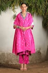 SAKSHAM & NEHARICKA_Pink Chanderi Hand Embroidered Floral V Neck Kurta Pant Set  _Online_at_Aza_Fashions