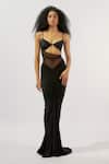 Buy_Deme by Gabriella_Black Malai Lycra Plain Sweetheart Ruched Noodle Strap Gown _at_Aza_Fashions