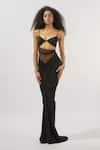 Buy_Deme by Gabriella_Black Malai Lycra Plain Sweetheart Ruched Noodle Strap Gown _Online_at_Aza_Fashions