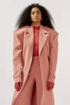 Buy_Deme by Gabriella_Pink Ferrari Net Plain Lapel Collar Longline Trench Coat Pant Set _Online_at_Aza_Fashions