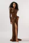 Buy_Deme by Gabriella_Brown Malai Lycra High Draped Ruched Gown _Online_at_Aza_Fashions