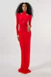 Buy_Deme by Gabriella_Red Malai Lycra High Round Mesh Full Sleeve Ruched Gown _at_Aza_Fashions