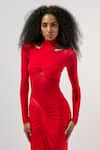 Buy_Deme by Gabriella_Red Malai Lycra High Round Mesh Full Sleeve Ruched Gown _Online_at_Aza_Fashions