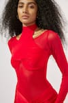 Shop_Deme by Gabriella_Red Malai Lycra High Round Mesh Full Sleeve Ruched Gown _at_Aza_Fashions