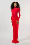 Shop_Deme by Gabriella_Red Malai Lycra High Round Mesh Full Sleeve Ruched Gown _Online_at_Aza_Fashions