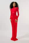 Deme by Gabriella_Red Malai Lycra High Round Mesh Full Sleeve Ruched Gown _at_Aza_Fashions