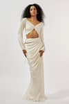 Buy_Deme by Gabriella_Ivory Modal Satin V Neck Draped Cutout Gown _at_Aza_Fashions