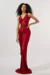 Buy_Deme by Gabriella_Maroon Malai Lycra Ruched V Neck Mesh Paneled Gown _at_Aza_Fashions