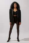 Buy_Deme By Gabriella_Black Suede Sweetheart Neck Lapel Collar Blazer And Shorts Set _at_Aza_Fashions