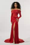 Buy_Deme by Gabriella_Maroon Malai Lycra Solid Straight Draped Off Shoulder High Slit Gown _at_Aza_Fashions