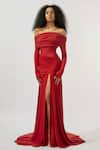 Buy_Deme by Gabriella_Maroon Malai Lycra Solid Straight Draped Off Shoulder High Slit Gown _Online_at_Aza_Fashions