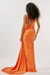 Deme by Gabriella_Orange Malai Lycra Solid Plunge V Neck Draped Trail Gown _Online_at_Aza_Fashions