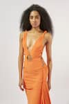Shop_Deme by Gabriella_Orange Malai Lycra Solid Plunge V Neck Draped Trail Gown 